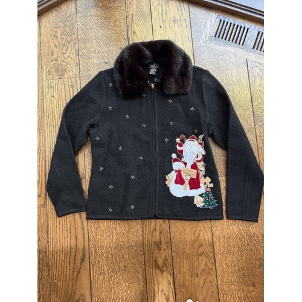 Lisa International Women's M Black Boiled Wool Zip Jacket w/ Santa Ugly Sweater